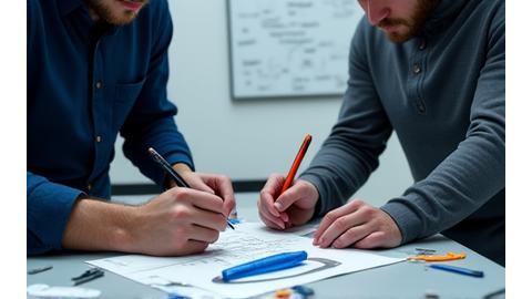 ブレインストーミング中のデザイナーと技術者、ホワイトボードにはルアーのアイデアスケッチ